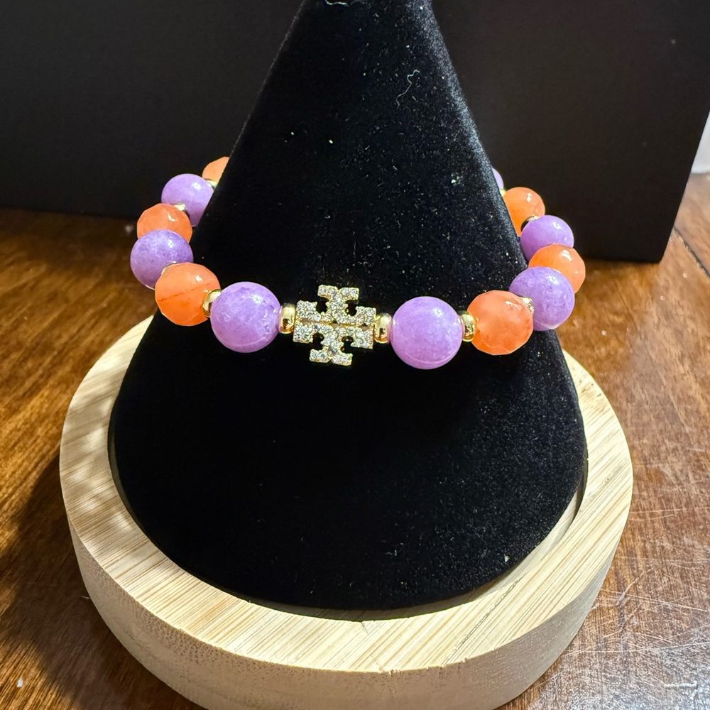 RARE NEW Tory Burch Gold Logo Beaded Beads  Purple Orange Boho Bracelet